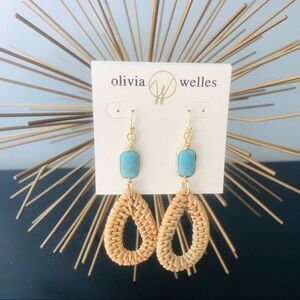 Olivia Welles Sandra Straw Drop Earrings, Tan/Turquoise,‎ NWT